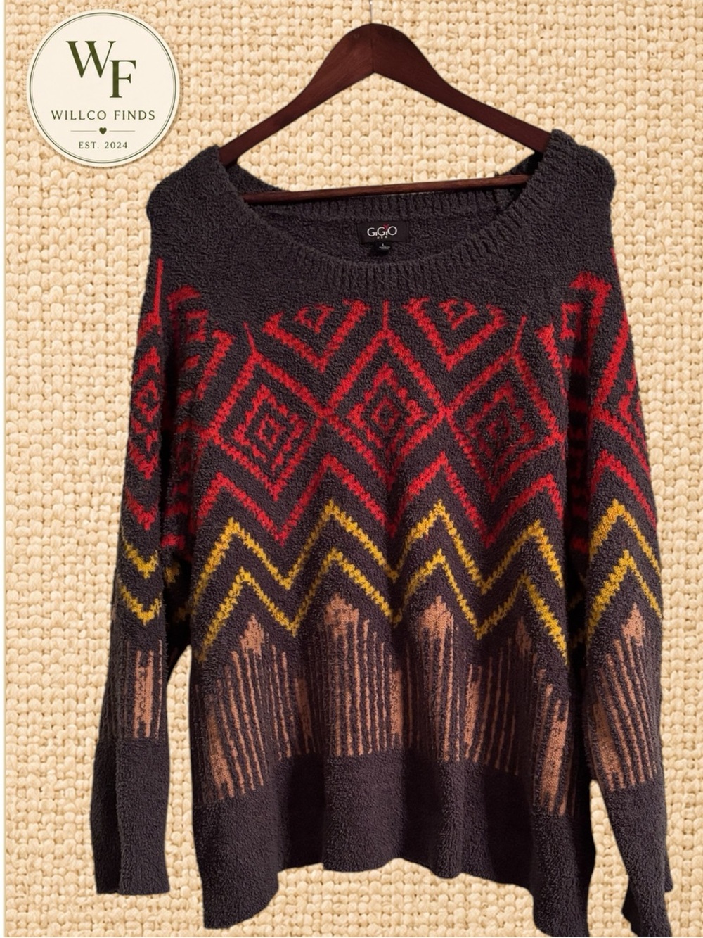 G.G.O USA Women’s L Brown Southwestern Aztec Geometric Sweater Red Mustard Boho